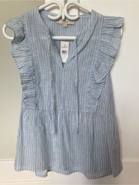 LOFT Blue and White Cotton Boho Cottagecore Striped Ruffle Sleeveless Blouse